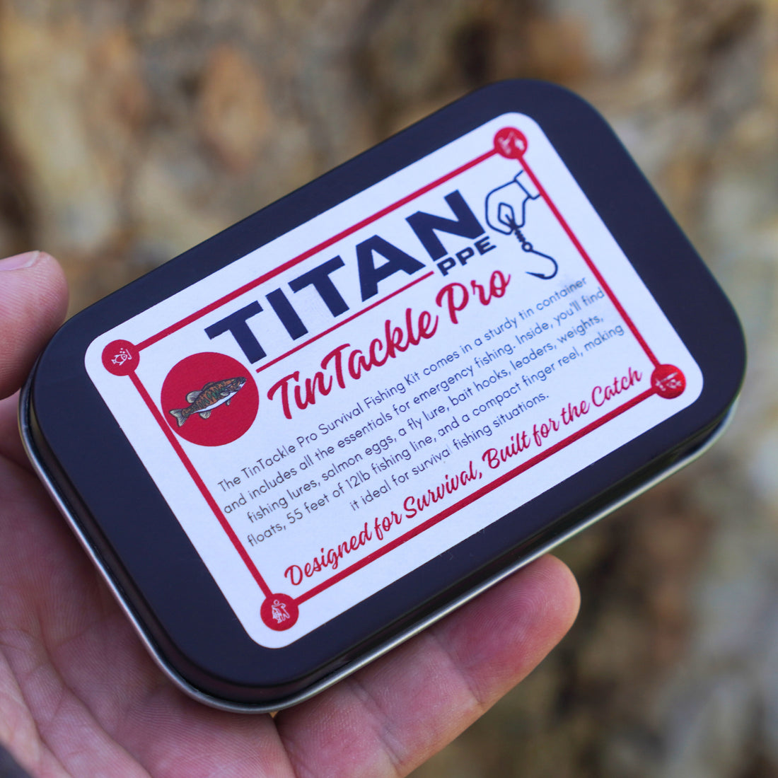 TinTackle Pro survival fishing kit front view — complete emergency fishing gear in compact tin