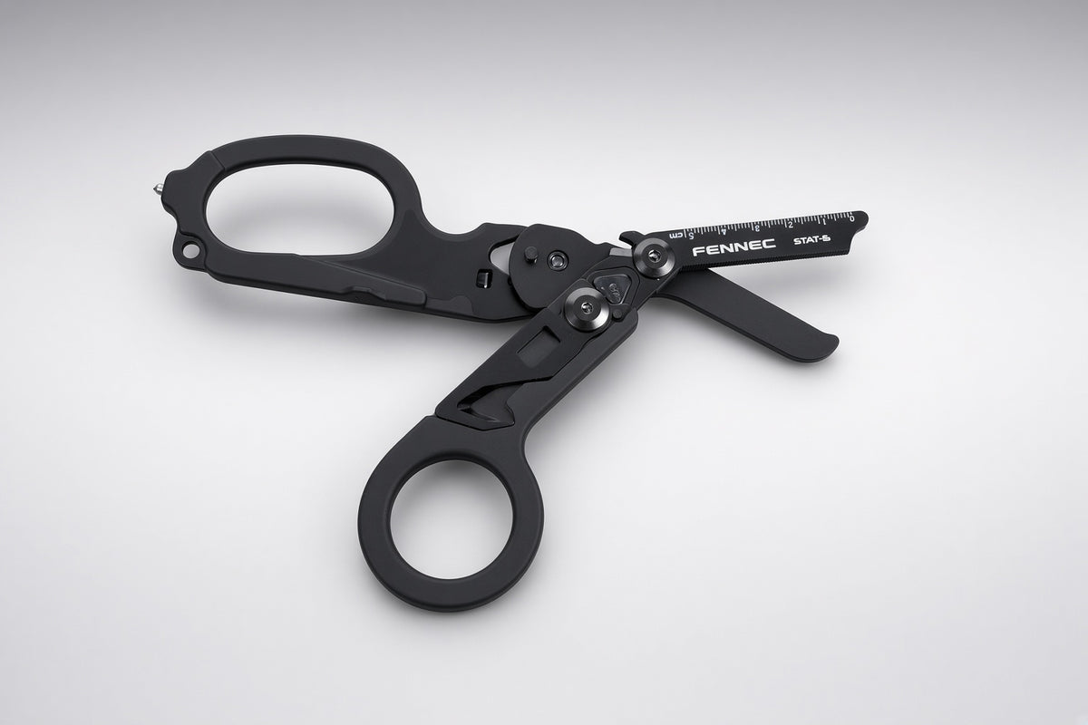 FENNEC STAT-6 black folding EMS trauma shears, open