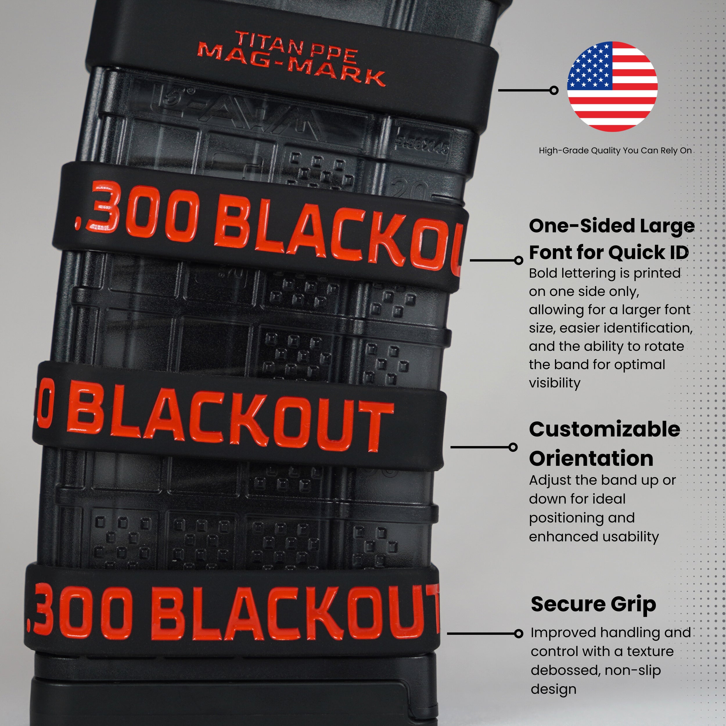 Mag-Mark .300 Blackout magazine marking band close-up showing polymer construction and secure fit