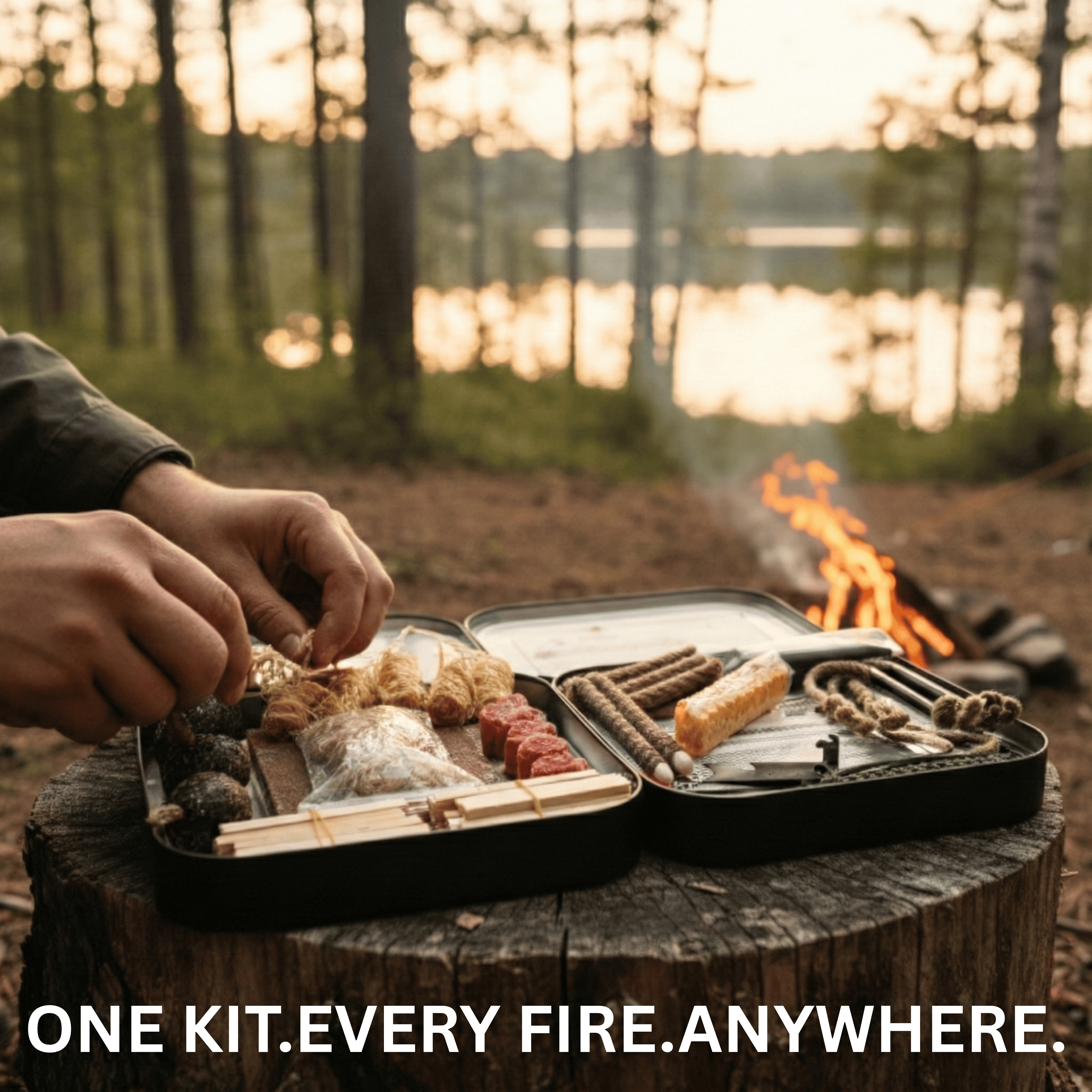 TinFerno fire starter kit open tin showing fire starters and tinder inside