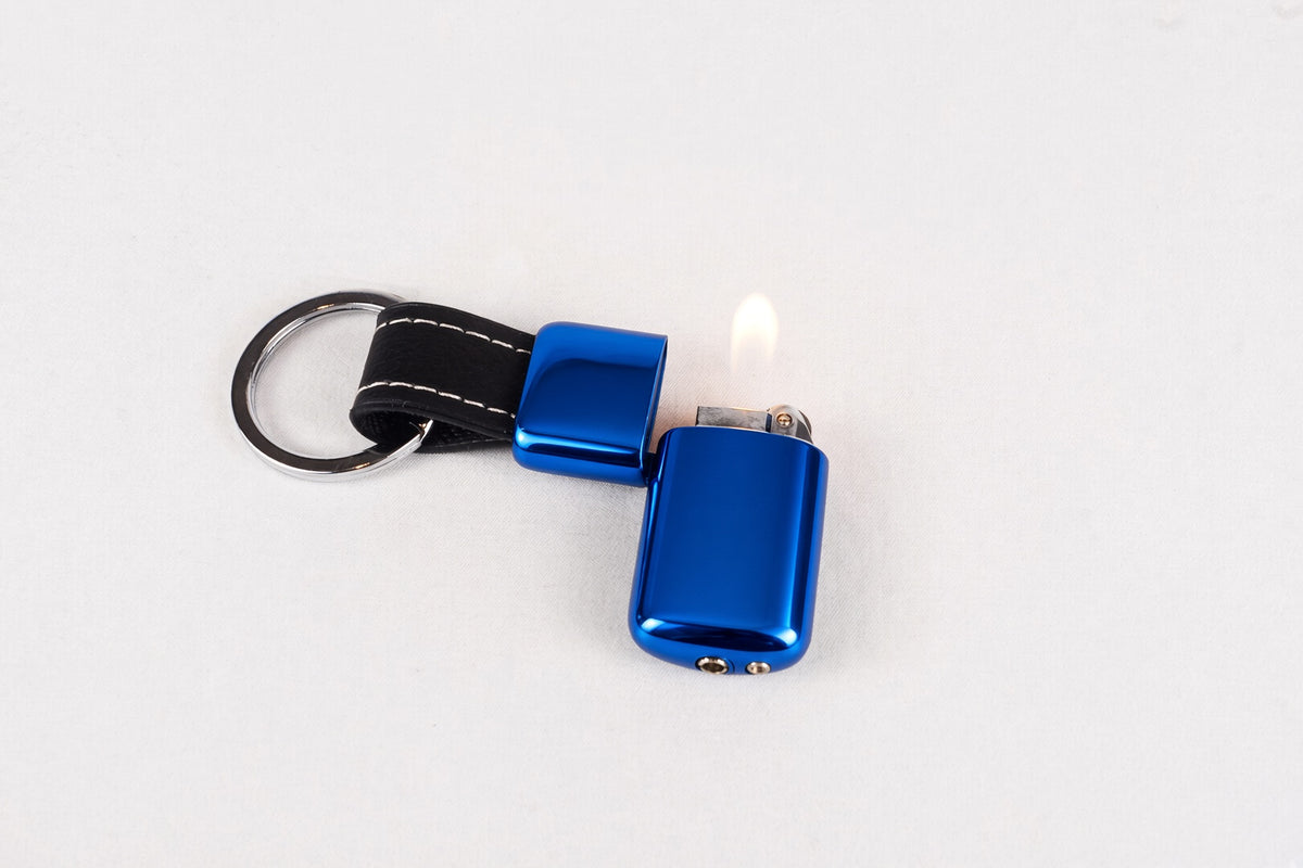 Blue Mini Keychain Lighter lit