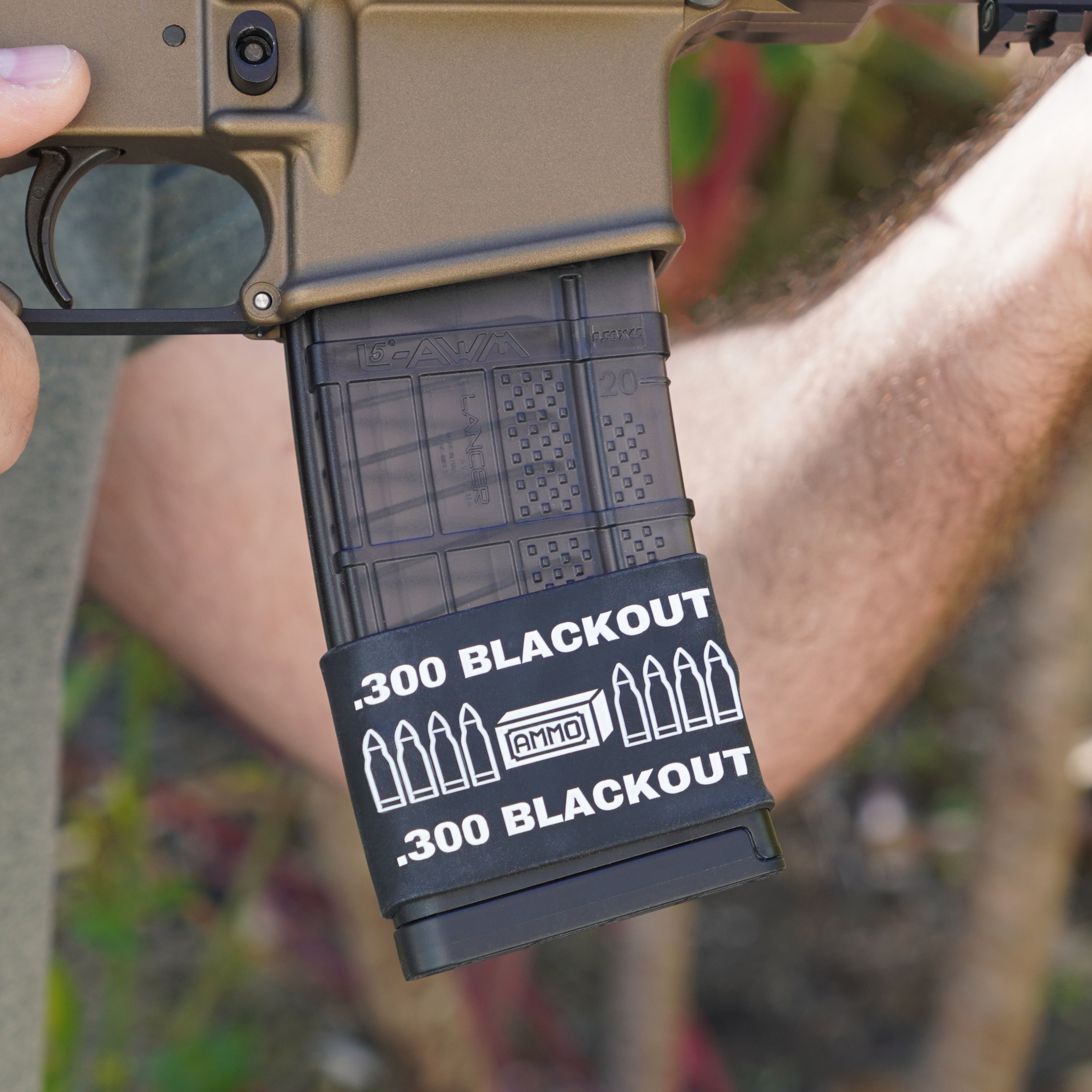 Mag-Mark Pro 300 Blackout AMMO design magazine grip band — front view showing bullet cartridge design