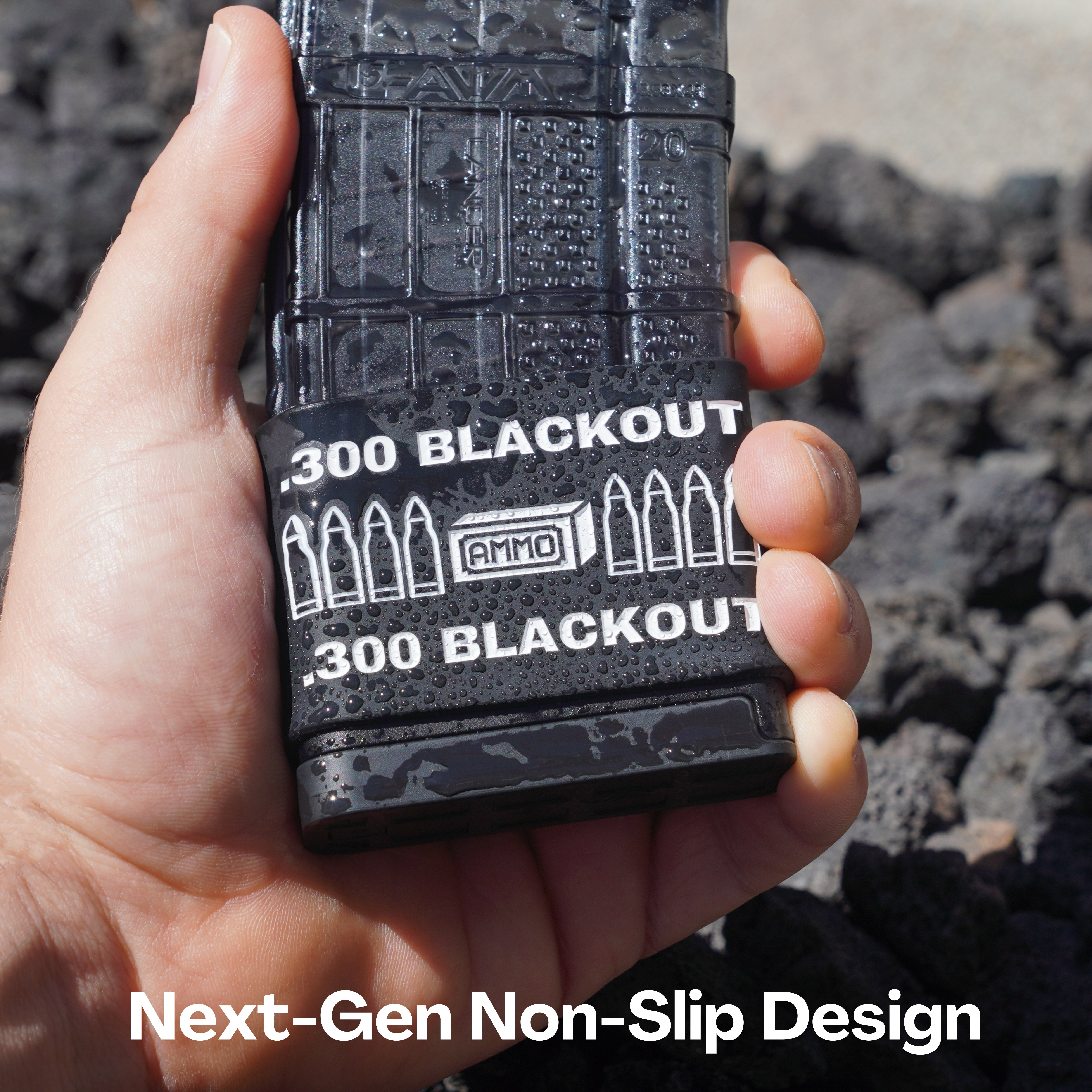 Mag-Mark Pro 300 Blackout AMMO design installed on AR-15 magazine showing textured grip surface