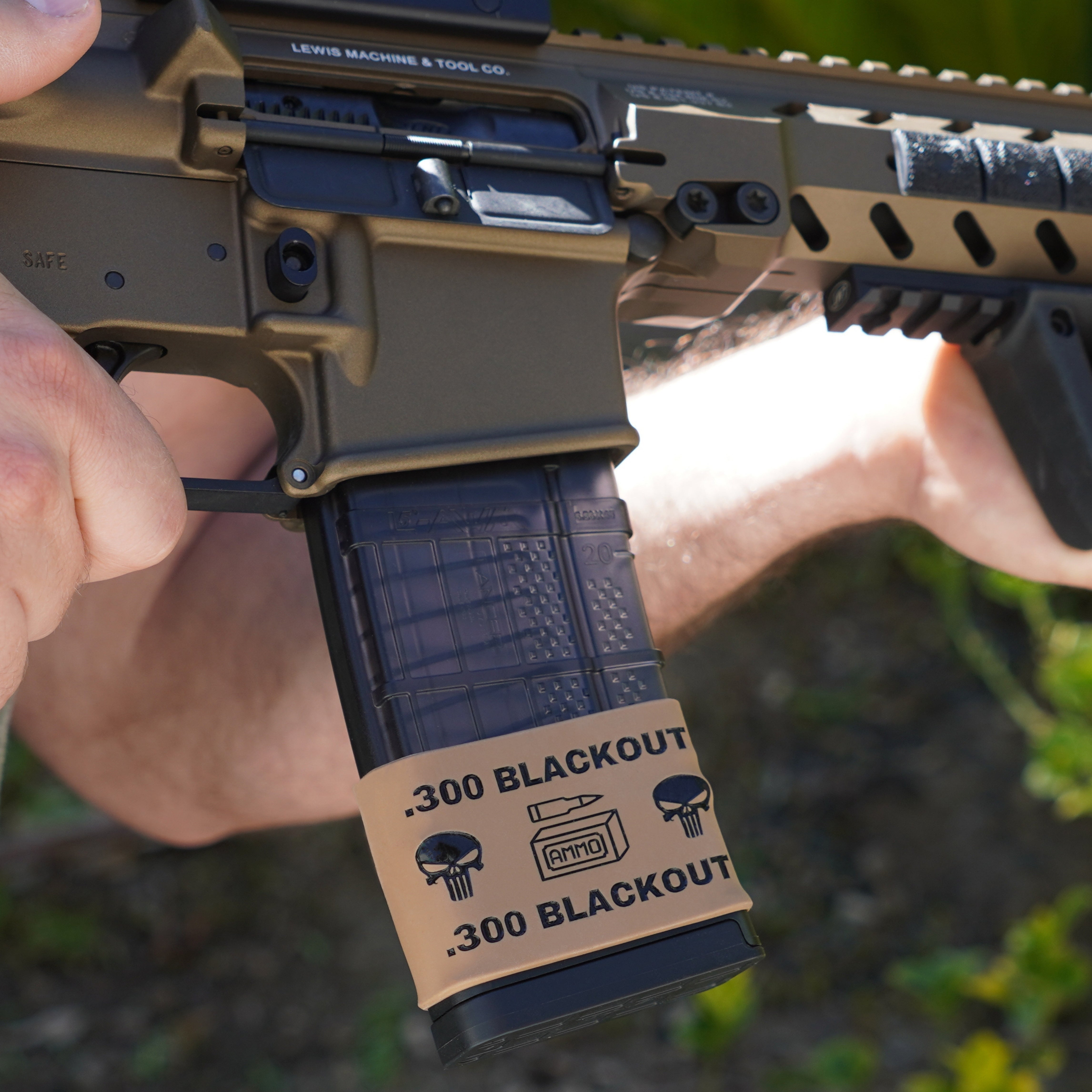 Mag-Mark Pro 300 Blackout Punisher design magazine grip band — front view showing Punisher skull design
