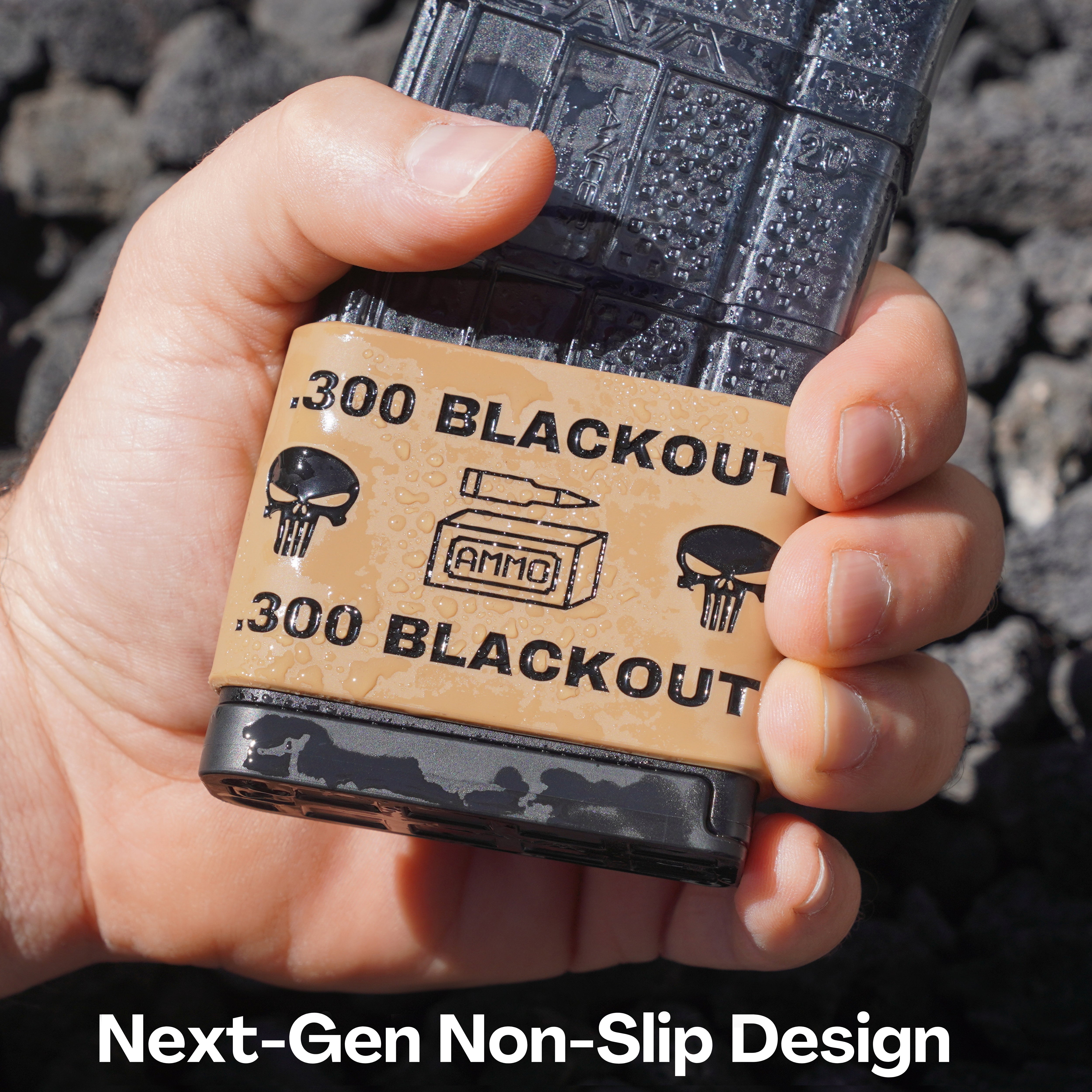 Mag-Mark Pro 300 Blackout Punisher design installed on AR-15 magazine showing textured grip surface