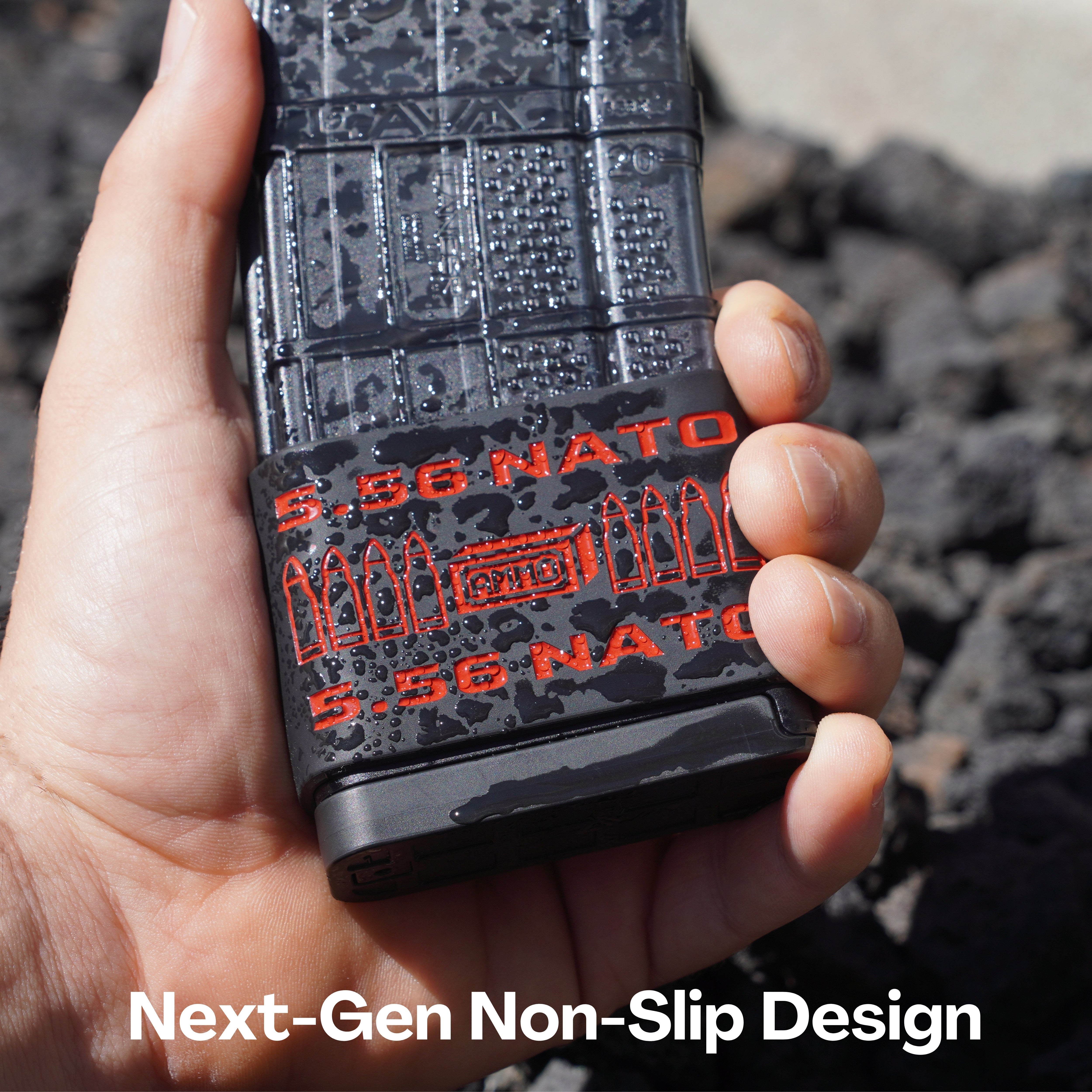 Mag-Mark Pro 5.56 NATO AMMO design close-up showing ammo caliber identification and grip texture