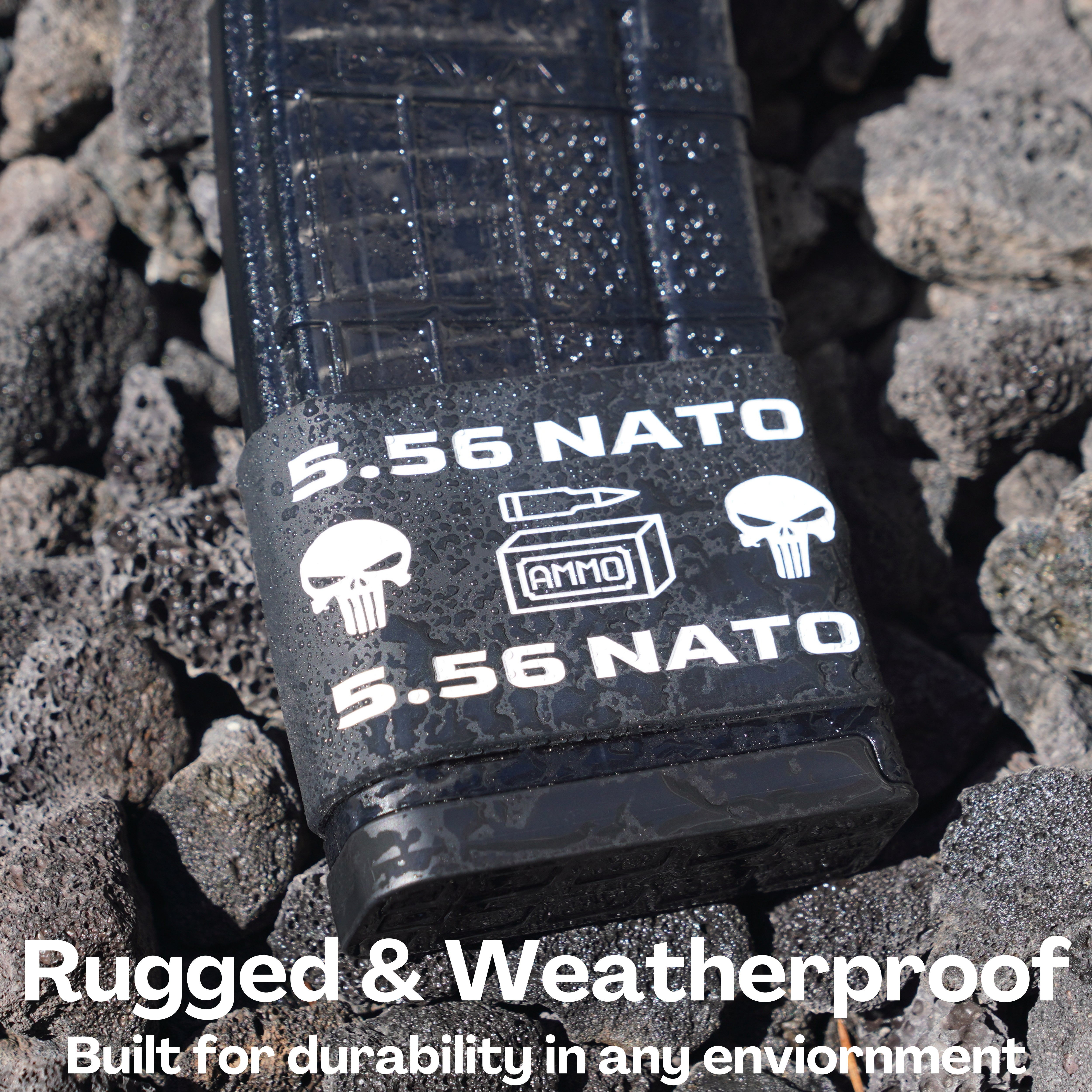 Mag-Mark Pro 5.56 NATO Punisher design installed on AR-15 magazine showing textured grip surface