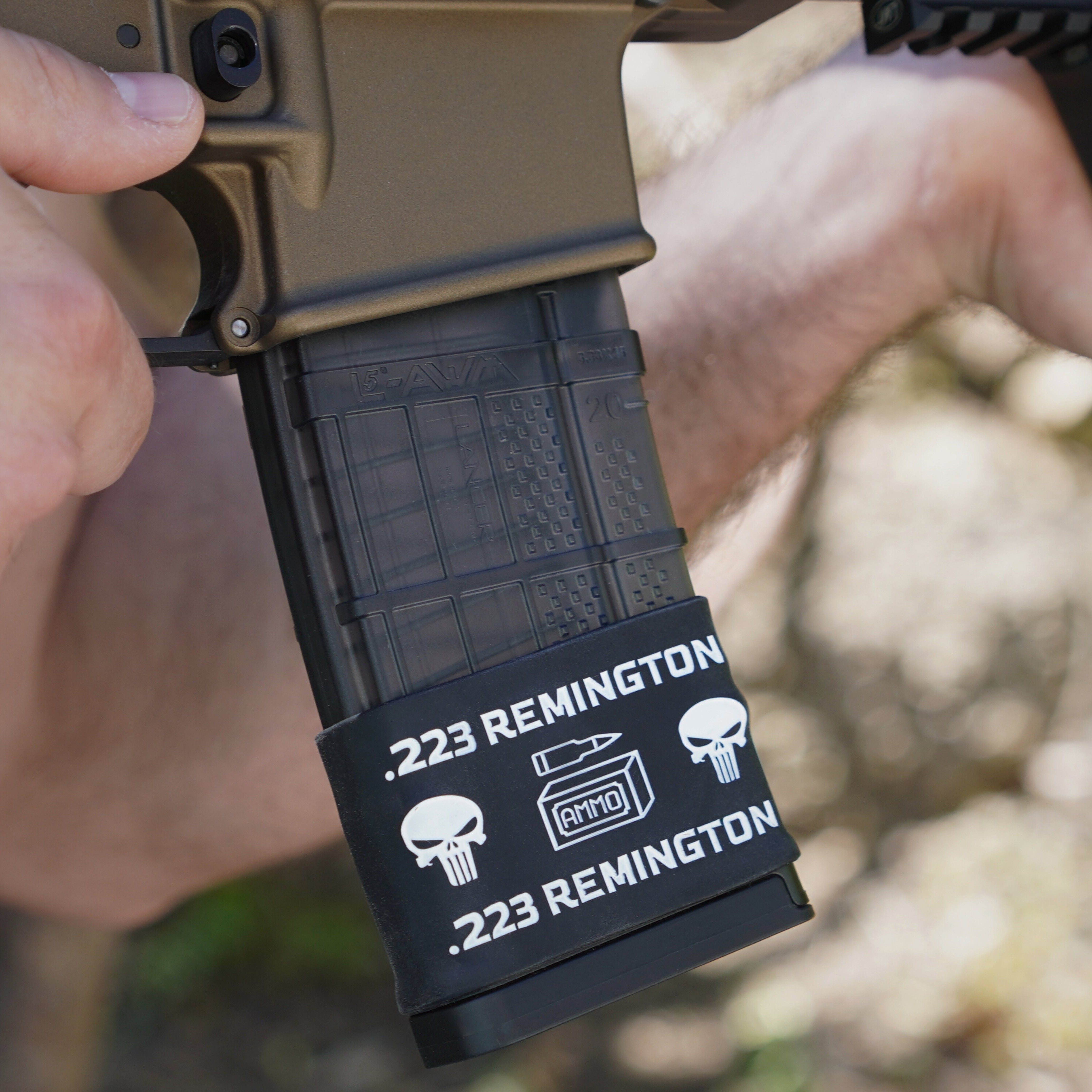 Mag-Mark Pro .223 Remington Punisher design magazine grip band — front view showing Punisher skull design