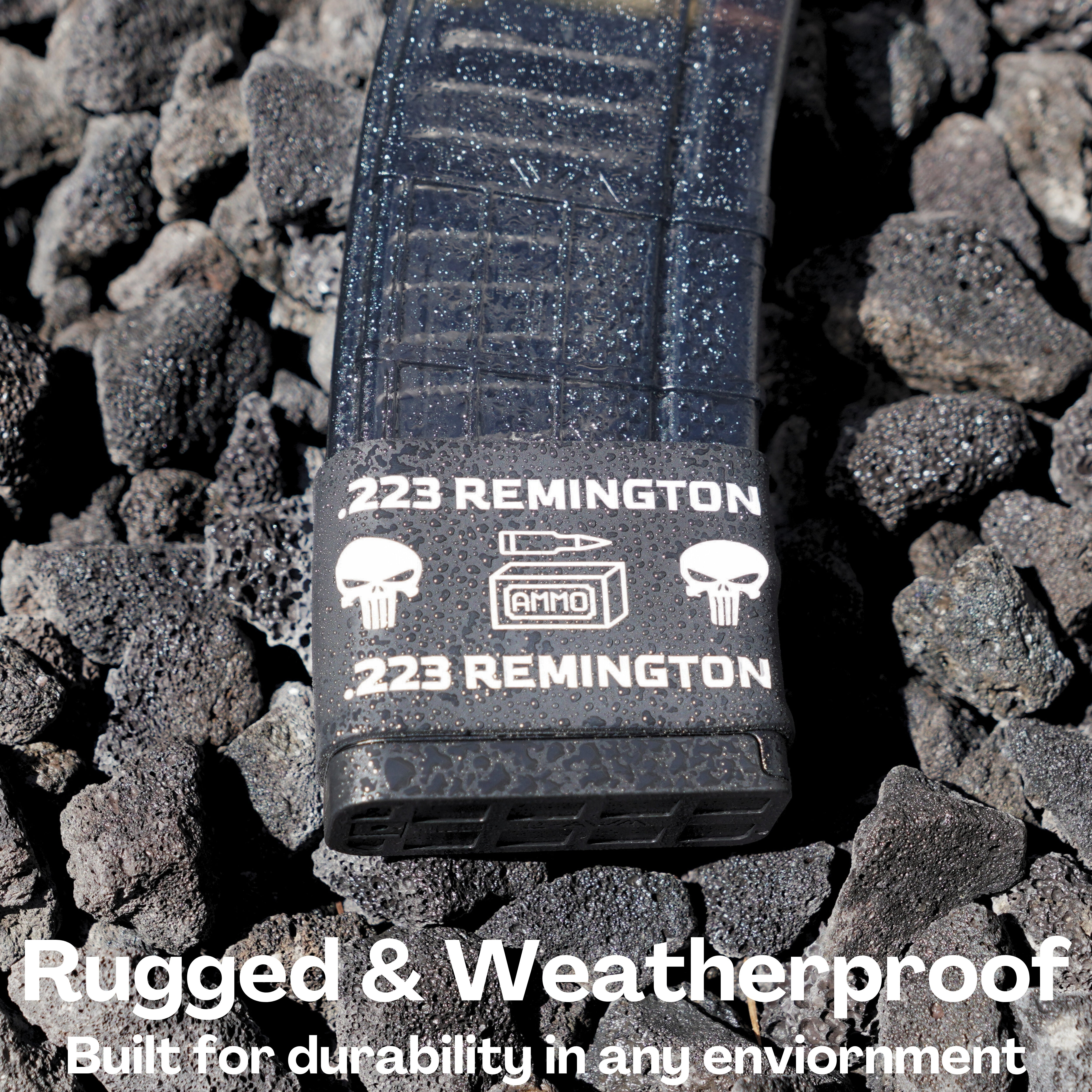 Mag-Mark Pro .223 Remington Punisher design installed on AR-15 magazine showing textured grip surface