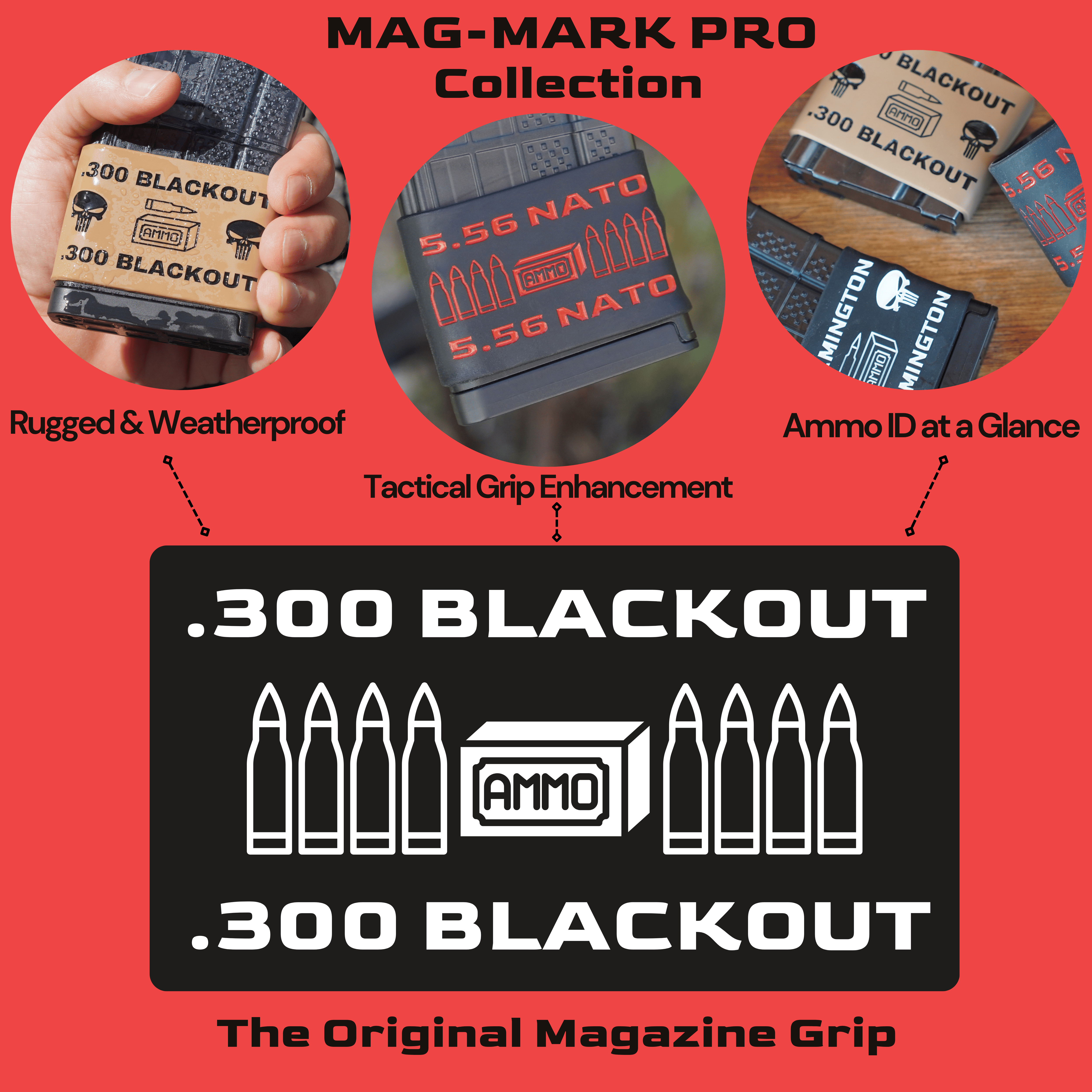 Mag-Mark Pro 300 Blackout AMMO design close-up showing ammo caliber identification and grip texture