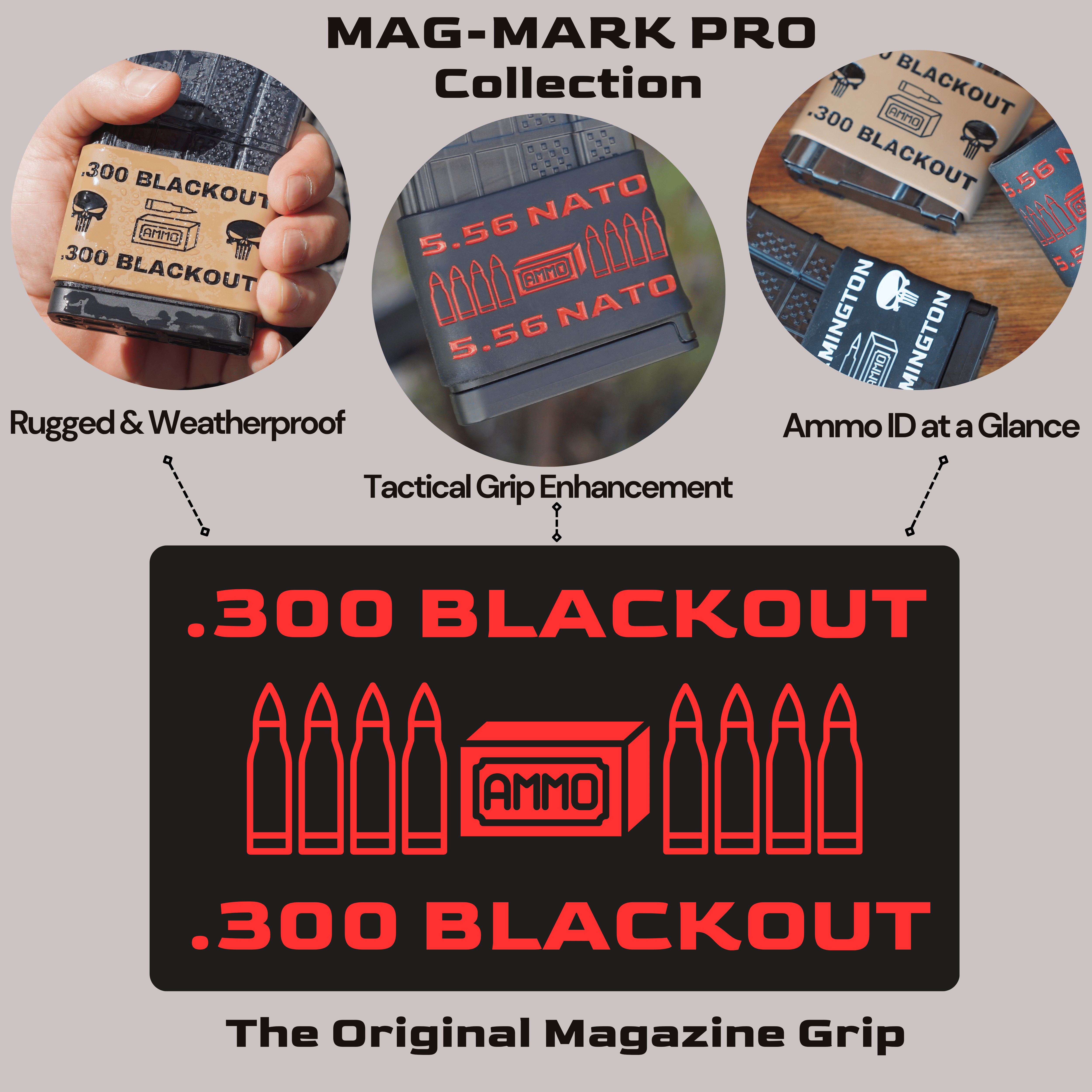 Mag-Mark Pro 5.56 NATO AMMO design installed on AR-15 magazine showing textured grip surface