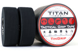 TinGrip Black two-roll pack beside the TITAN tactical grip tape tin