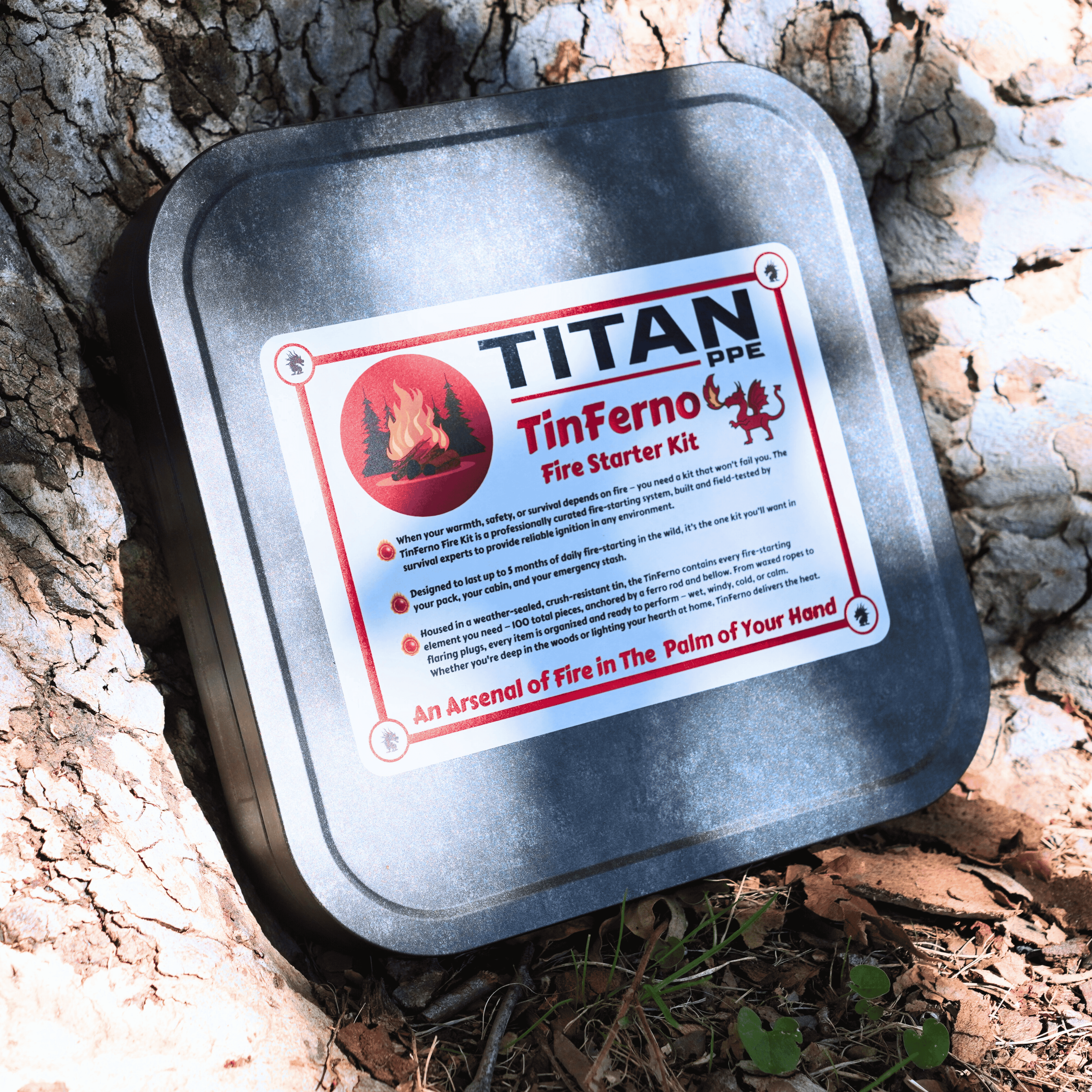 TinFerno 100-piece survival fire starter kit — ferro rod char cloth wax tinders and fatwood in compact portable metal tin for emergency preparedness camping and SHTF