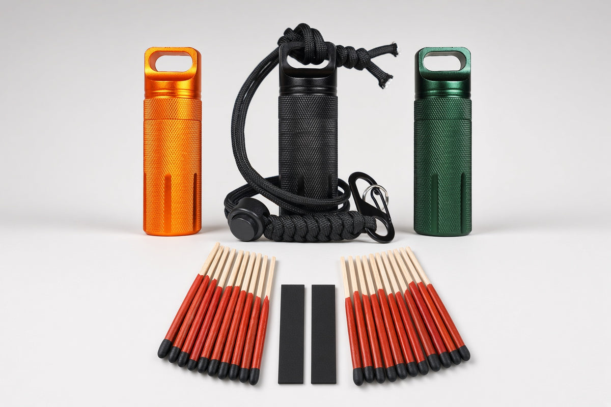 Storm-Strike Kit: orange, black and green EDC canisters, black paracord lanyard and 20 storm matches with 2 strikers