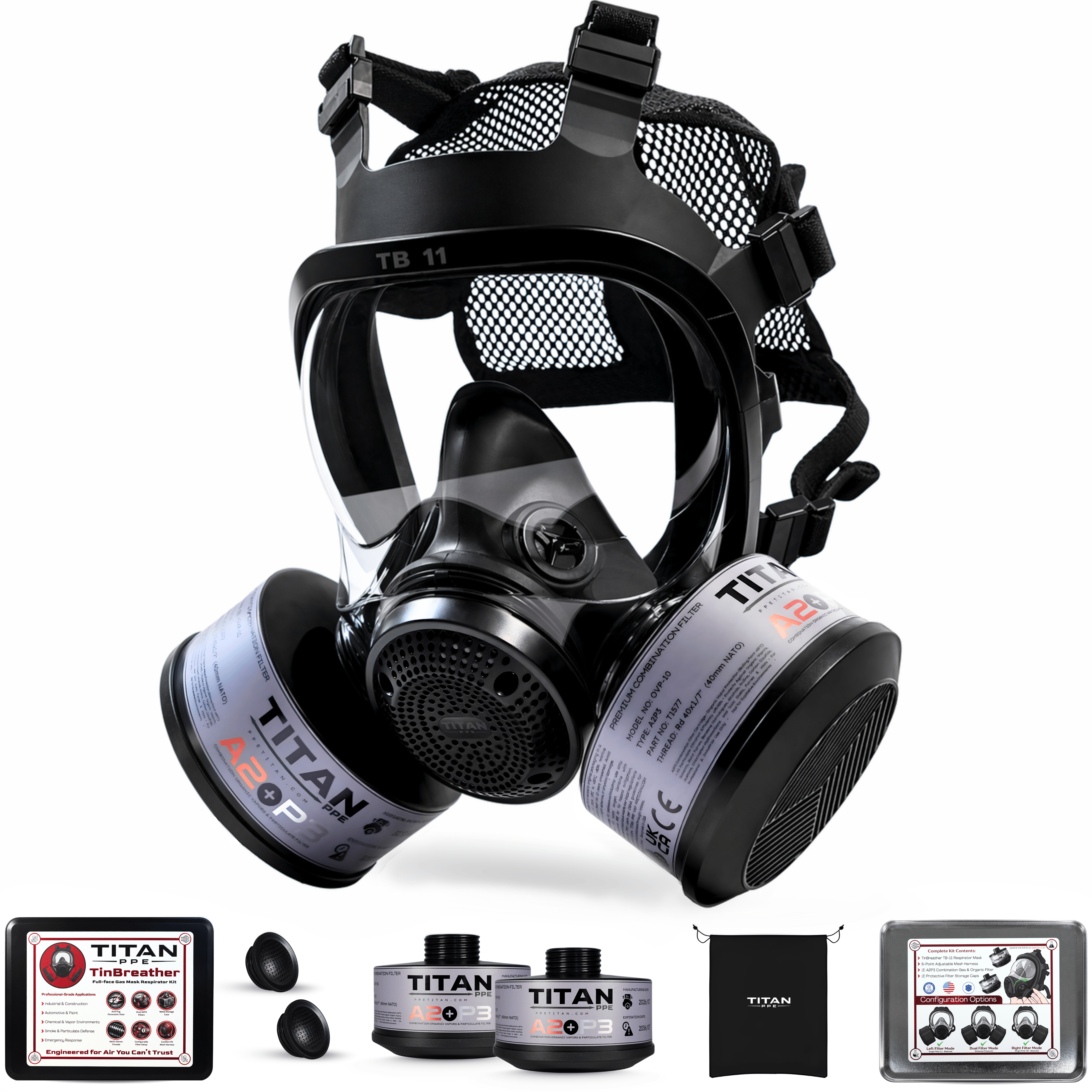 TinBreather - Full Face Gas Mask Respirator Kit With 2 A2P3 Organic Vapor & Fine Particulate Filters