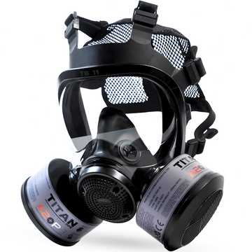 TinBreather full face gas mask and NBC CBRN respirator kit with panoramic polycarbonate visor 40mm NATO filter port and adjustable head harness for emergency preparedness