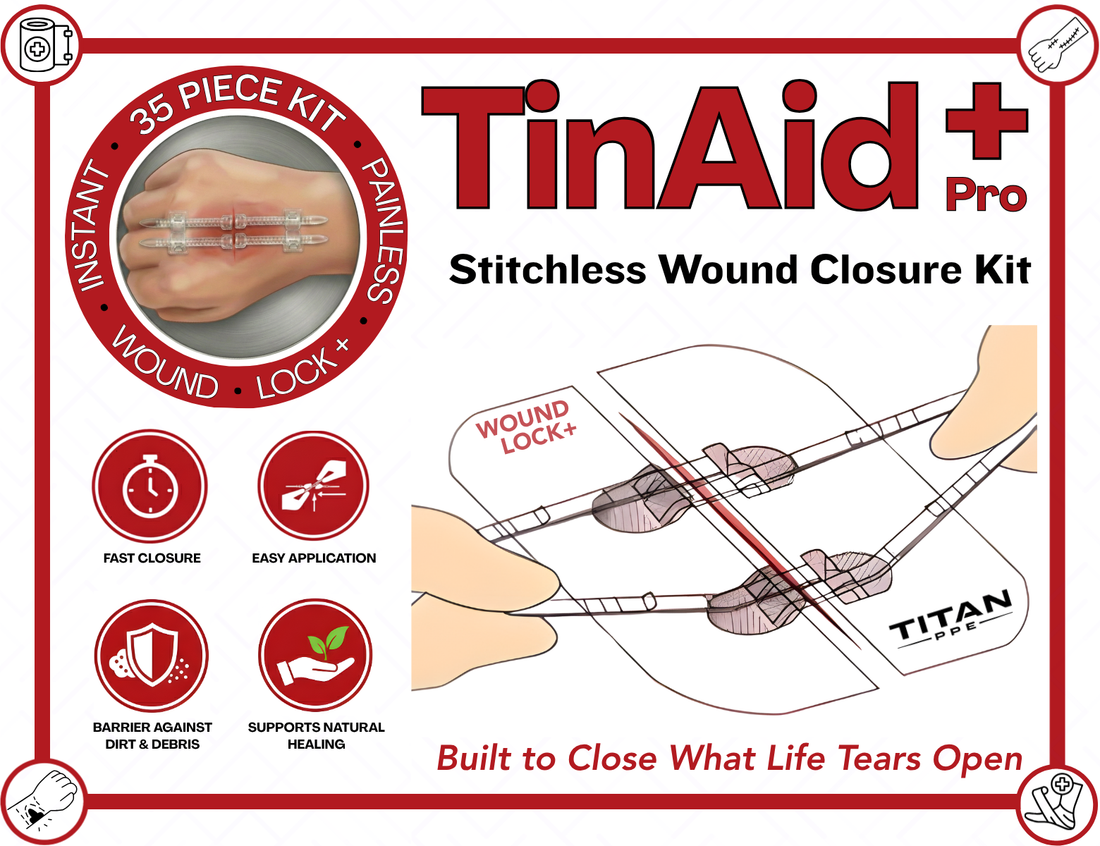 TinAid Pro wound closure kit emergency supplies including wound stapler butterfly closures steri-strips and trauma dressing in compact portable metal tin
