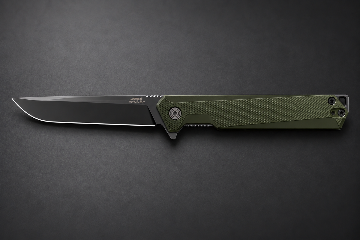 FENNEC folding knife with green handle and black blade