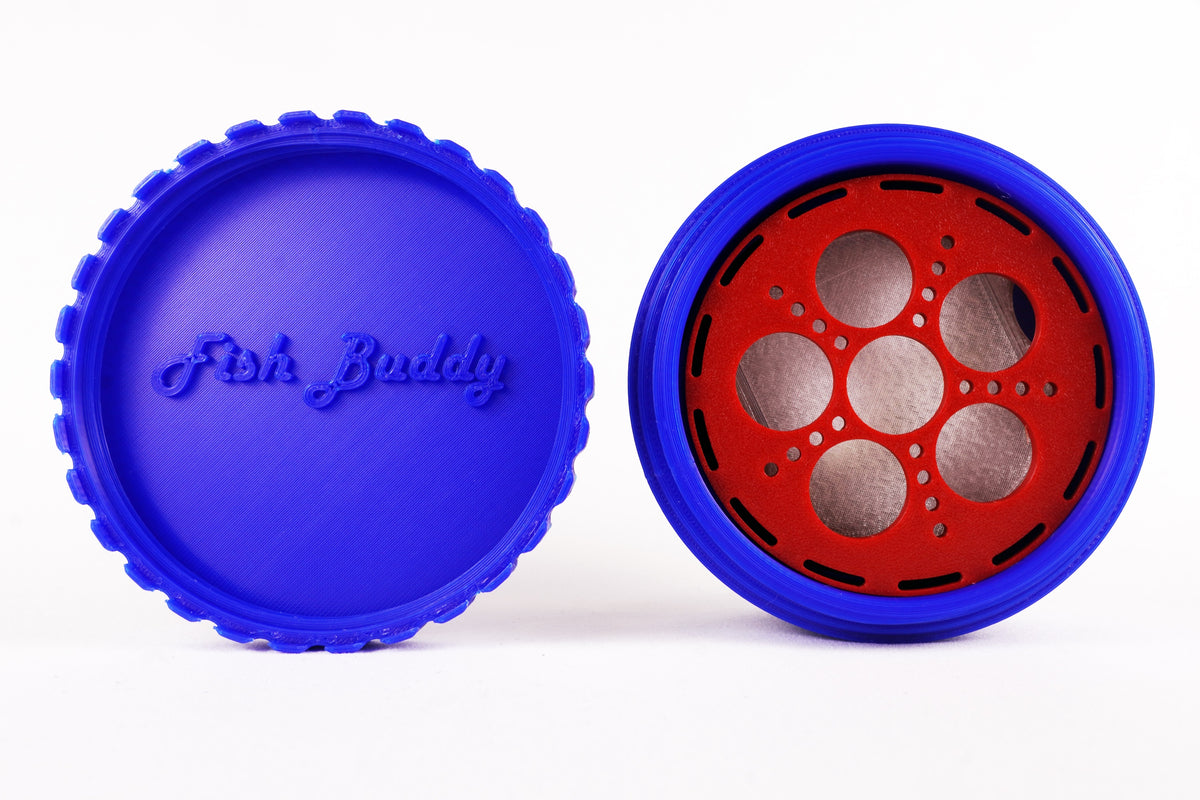 Fish Buddy compact survival fishing kit with logo lid and red built-in reel
