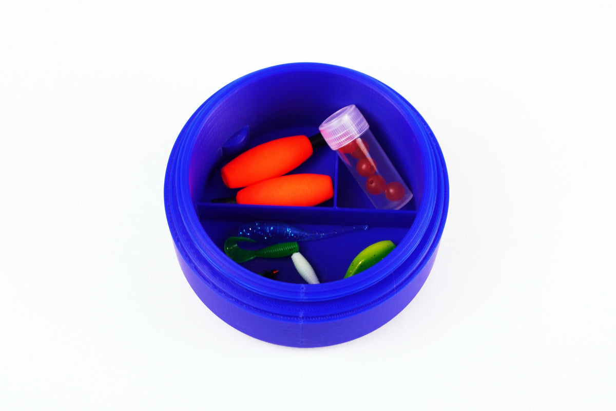 Fish Buddy storage compartment filled with fishing tackle