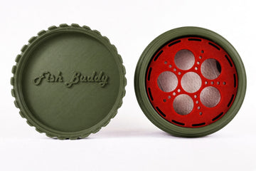 Fish Buddy olive green compact survival fishing kit with logo lid and red built-in reel