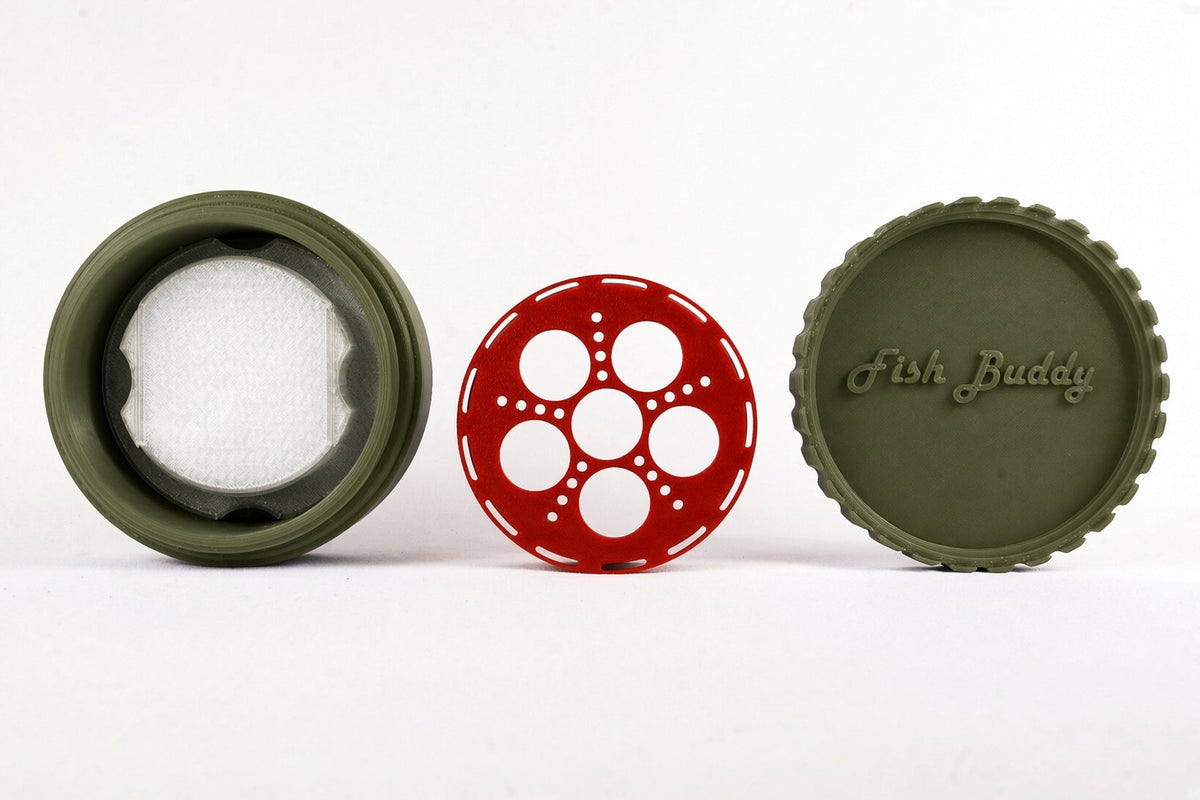 Fish Buddy olive green case, removable reel and lid laid out