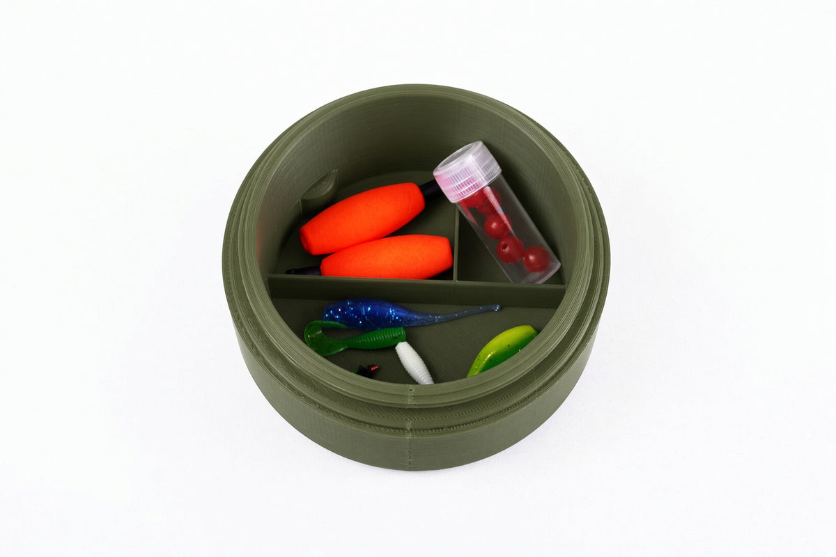 Fish Buddy olive green storage compartment filled with fishing tackle