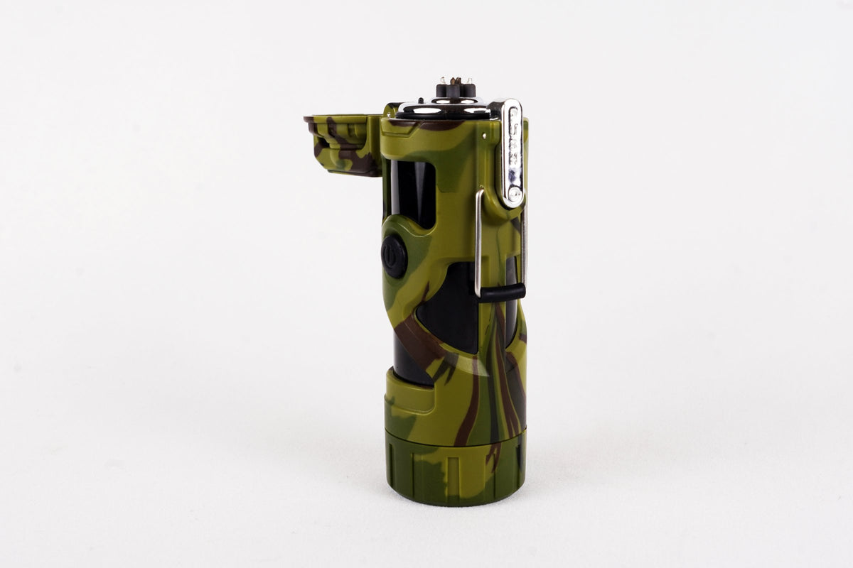 Camo Plasma Torch Light cap open showing the double arc plasma lighter