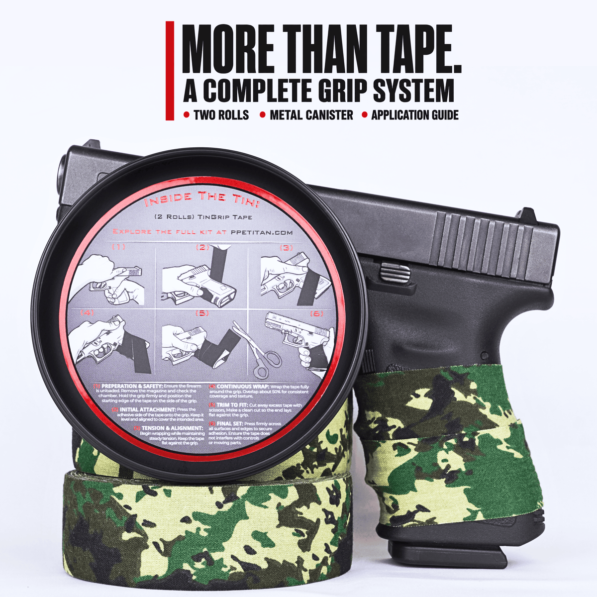 TinGrip camo grip tape system: two rolls, metal canister and application guide