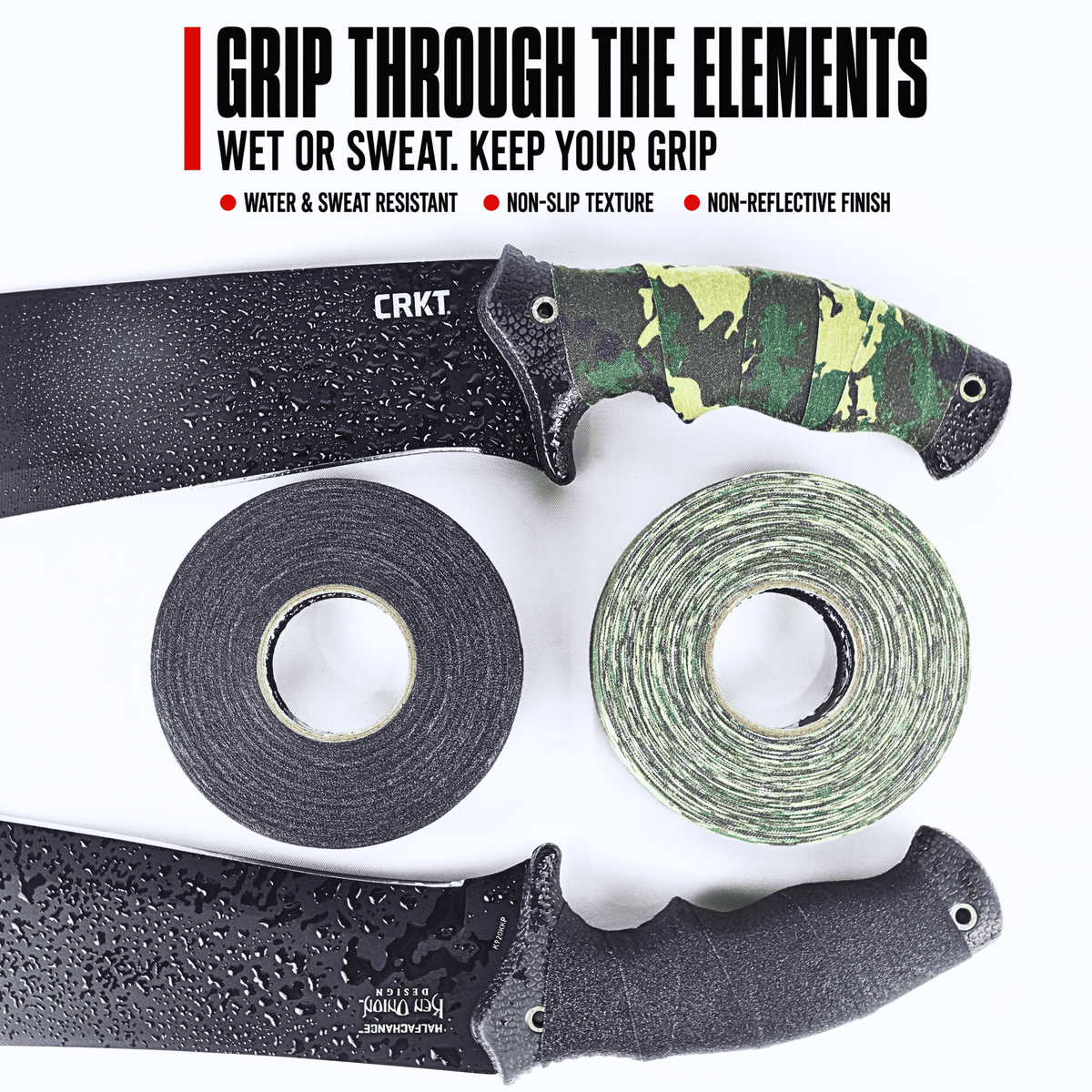 TinGrip grip tape on wet knife handles — water and sweat resistant, non-reflective