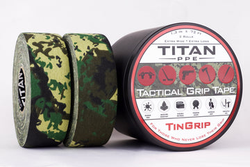 TinGrip camo tactical grip tape — two 1.3 in x 72 ft woodland camo rolls with metal storage tin