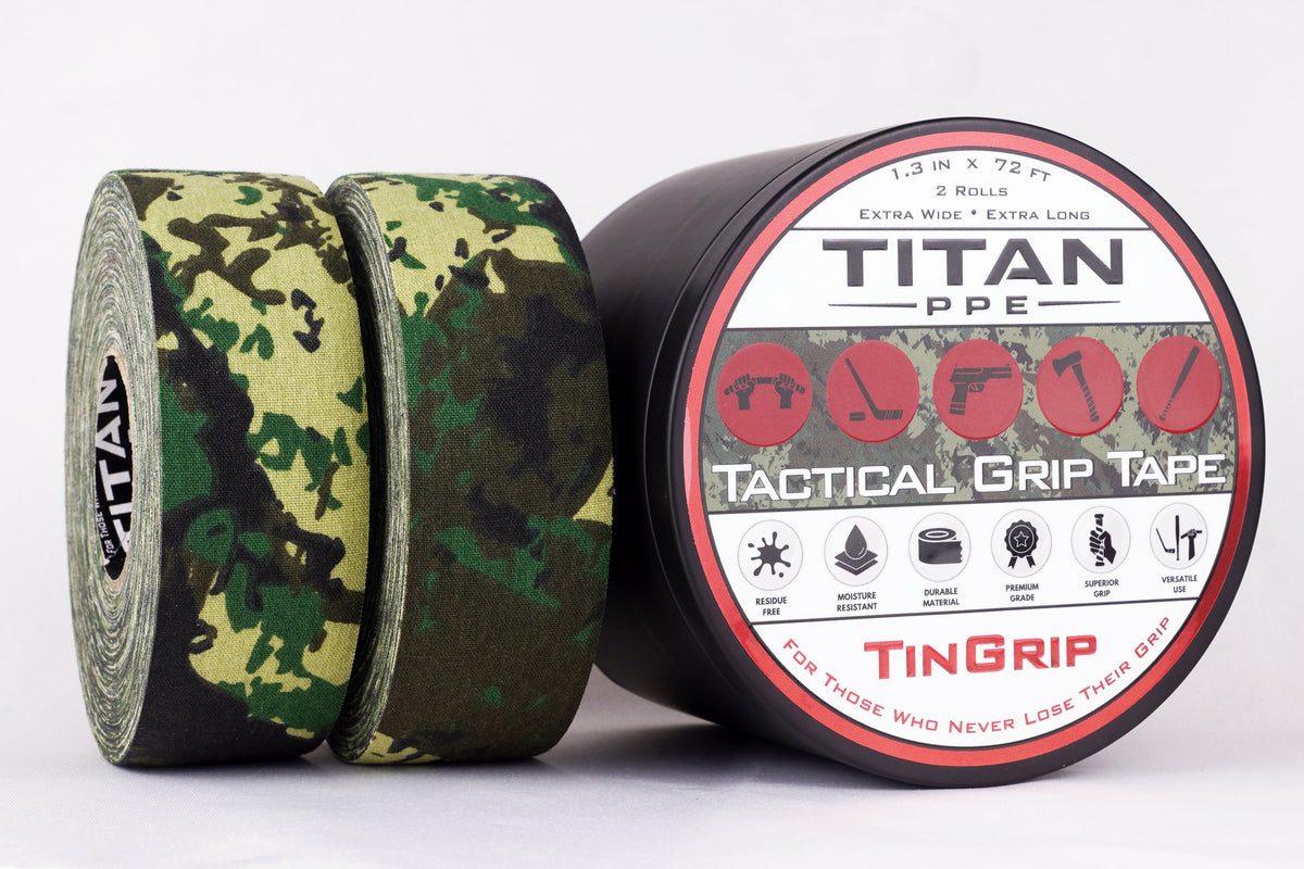 TinGrip camo tactical grip tape — two 1.3 in x 72 ft woodland camo rolls with metal storage tin