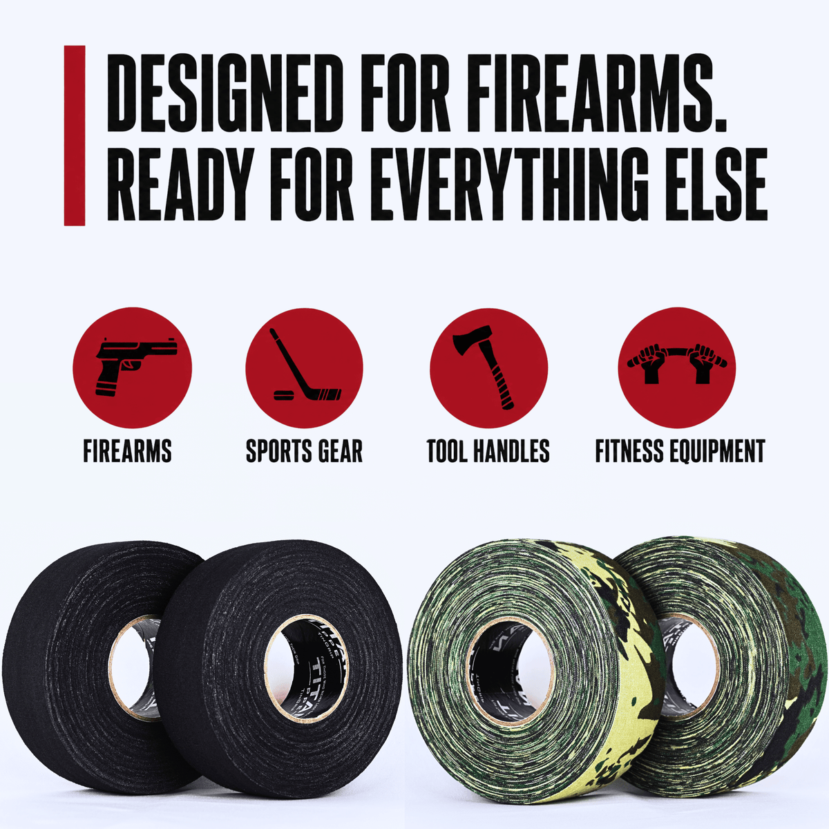 TinGrip uses: sports gear, tool handles, fitness equipment and more — black and camo rolls